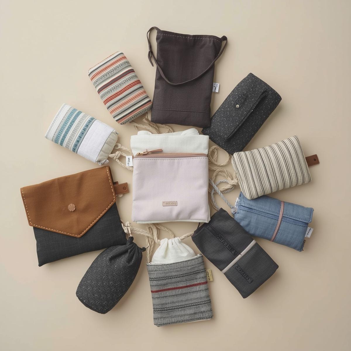 Artisan hands stitching a fabric pouch in the workshop