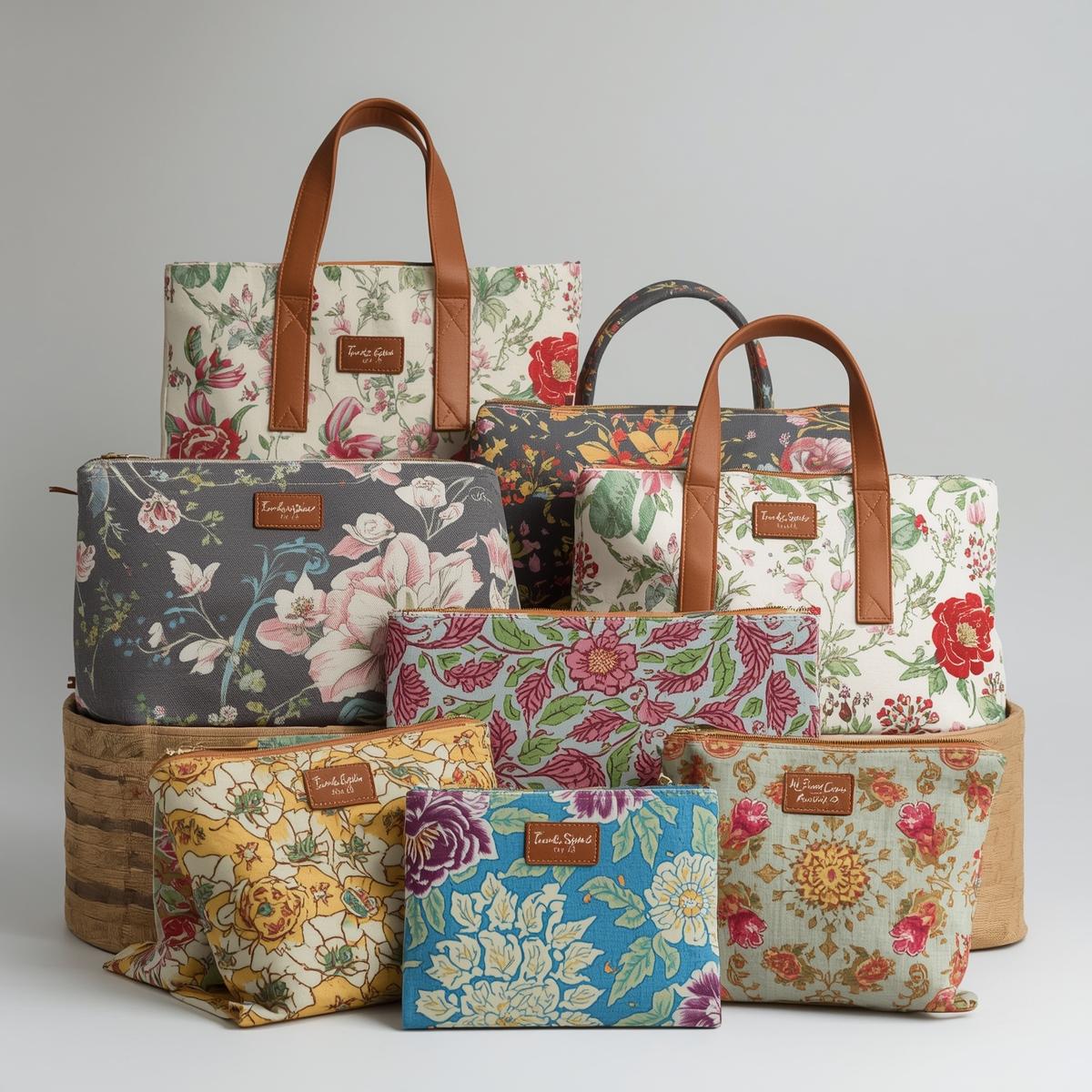 Collection of custom fabric bags laid out by color and style